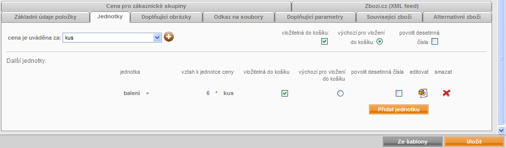 137 / 258 4.1.2. Jednotky V administraci e-shopu je nutno nejdříve naplnit číselník měrných jednotek (naleznete v Obsahové části / Číselník jednotek).