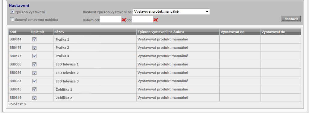 211 / 258 U vyfiltrovaných produktů je možné využít různé způsoby nastavení: způsob vystavení zde si uživatel může zvolit, jak chce vyfiltrované zboží na Aukru vystavovat (manuálně, automaticky bez