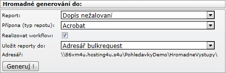 A na závěr spustíme samotné hromadné generování. Nejdříve vybereme výstup výběrem příslušné hodnoty v poli Report. Dále vybereme typ formátu výstupu z hodnot: Acrobat, word, XML soubor, Excel.