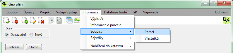 Pstup Zbrazit - funkce tevře kn výchzíh internetvéh prhlížeče, kde jsu zbrazeny infrmace vybrané parcele Strn - zavře funkci P tevření funkce vyberte řádek s pžadvaným parcelním číslem a klikněte na