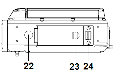 Části videokamery: 1. LCD obrazovka 2. Voba režimu / posun vlevo 3. Přehrávání / Posun nahoru 4. Samospoušť / posun vpravo 5. MENU/potvrzeni volby (OK) 6. volba vymazat / posun dolu 7.