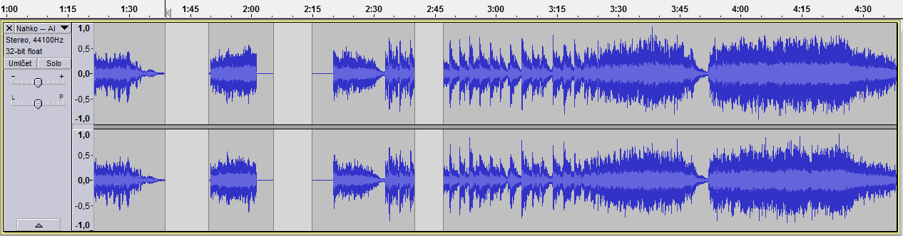 Základy práce se zvukem na počítači okamžik, kde chceme zvukovou stopu rozstřihnout. Nástrojem Časový posuv pak můžeme jednotlivé části skladby libovolně posouvat.