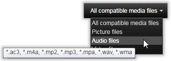 Po umístění ukazatele myši nad možnost Zvukové soubory se zobrazí seznam typů souborů, ze kterých je podporován import zvuku.