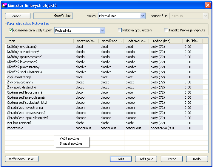 1.4 MANAŽER LINIÍ Tato funkce slouží k úpravě čar použitých ve funkci Liniové objekty(viz 1.3). Uživatel má možnost nadefinovat jakým typem čáry, v jaké hladině a jakou tloušťkou se vykreslí.