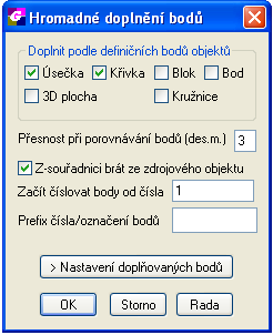 2.7 HROMADNÉ DOPLNĚNÍ BODŮ Funkce kontroluje linie, křivky, bloky a body (tečky), a když zjistí že v definičním bodě objektu chybí podrobný bod, tak ho doplní.