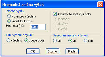 2.10 HROMADNÁ ZMĚNA VÝŠEK Funkce mění u objektů jejich výšku. Pokud je ve výběrové množině i výšková kóta, tak mění i zobrazení této kóty, podle aktuální výšky.