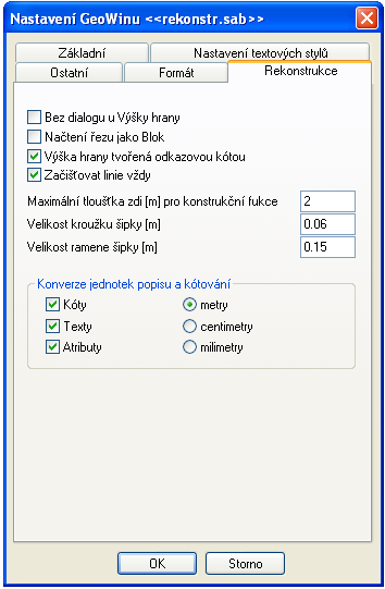 4.3 NASTAVENÍ Nastavení písem pro Rekonstrukce: Lze nastavit styl písma (fonty SHX a TTF), jejich výšku, šířku a sklon.