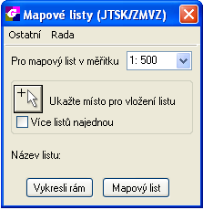 8.3 MAPOVÉ LISTY Funkce slouží pro vložení rámu mapového listu do výkresu. Funkce požaduje od uživatele pouze ukázat kurzorem bod uvnitř oblasti, kam chce vložit mapový list.