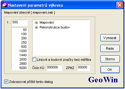 8.7 NOVÝ VÝKRES Pokud výkres ještě nebyl otevřen v GeoWinu ( nemá měřítko a - nebo není v sekci výkresu Dictionary zapsána šablona), tak se po otevření výkresu objeví dialogový panel s možností