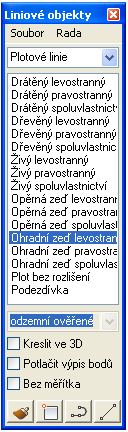 1.3 LINIOVÉ ZNAČKY Tato funkce je tvořena nemodálním dialogem (dialog, který je neustále zobrazený), a umožňuje kreslit linie nebo křivky těchto typu liniových značek: Hraniční linie Plotové linie