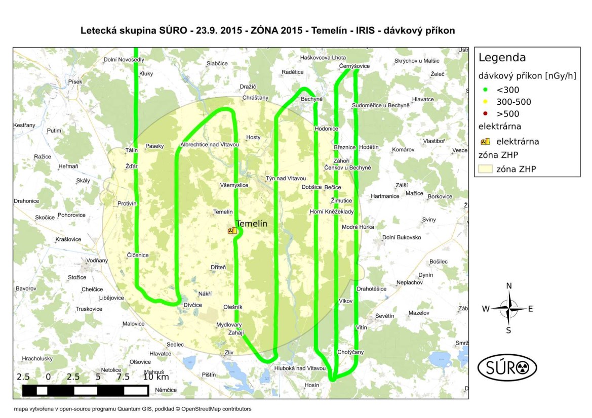 Obr. 5 Výsledky leteckého monitorování v okolí jaderné elektrárny Temelín při cvičení ZÓNA 2015.