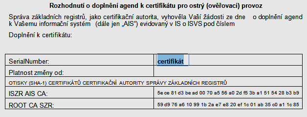 6 Změny údajů AIS a změny u certifikátů 6.1 Oznamování změn SZR SZR certifikát vydává se základní dobou platnosti 36 měsíců. Tato doba může být po dohodě s OVM zkrácena.