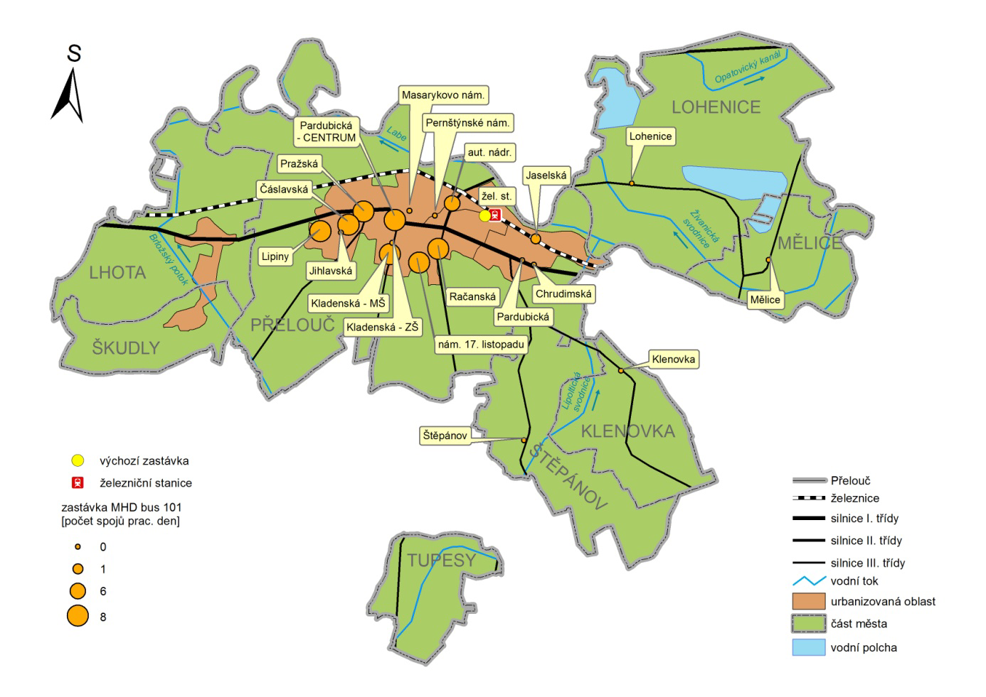 Obrázek 8 Počet spojů z centra (zastávka žel. st.) ve víkendových dnech linkou 101 Zdroj: ArcGIS; www.mestoprelouc.cz 8.