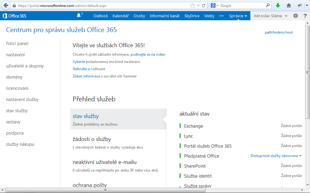 24 Základní správa Microsoft Office 365 Obr. 3 Centrum pro správu služeb Office 365 4.