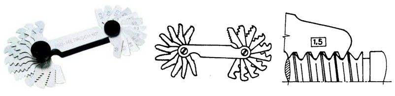 Při kontrole vnějších závitů používáme mezních kalibrů, jimiž proměřujeme: - velký průměr závitu šroubu posuvným měřítkem, mikrometrem nebo mezním třmenovým kalibrem - závitový profil šroubu mezními