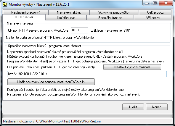 W o r k S e t H T T P s e r v e r Nastavení http serveru programu WorkCore pro poskytování dat klientům, programům WorkMonitor. obr.