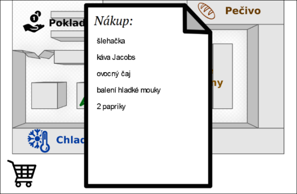 A) Nákupní seznam Jako první věc se na obrazovce objeví obrázek nákupního seznamu (Obrázek 7, vlevo). Úkolem pacienta je si seznam co nejlépe zapamatovat.