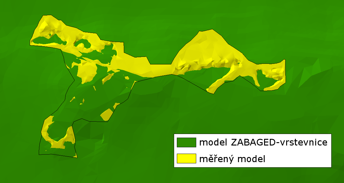 Obr. 17 Protínající se modely v ArcScene Pro porovnání obou modelů byly zvoleny profily v 20m rozestupu. Byl vytvořen nový pomocný liniový shapefile profily.shp, a zvolena poloha prvního profilu.