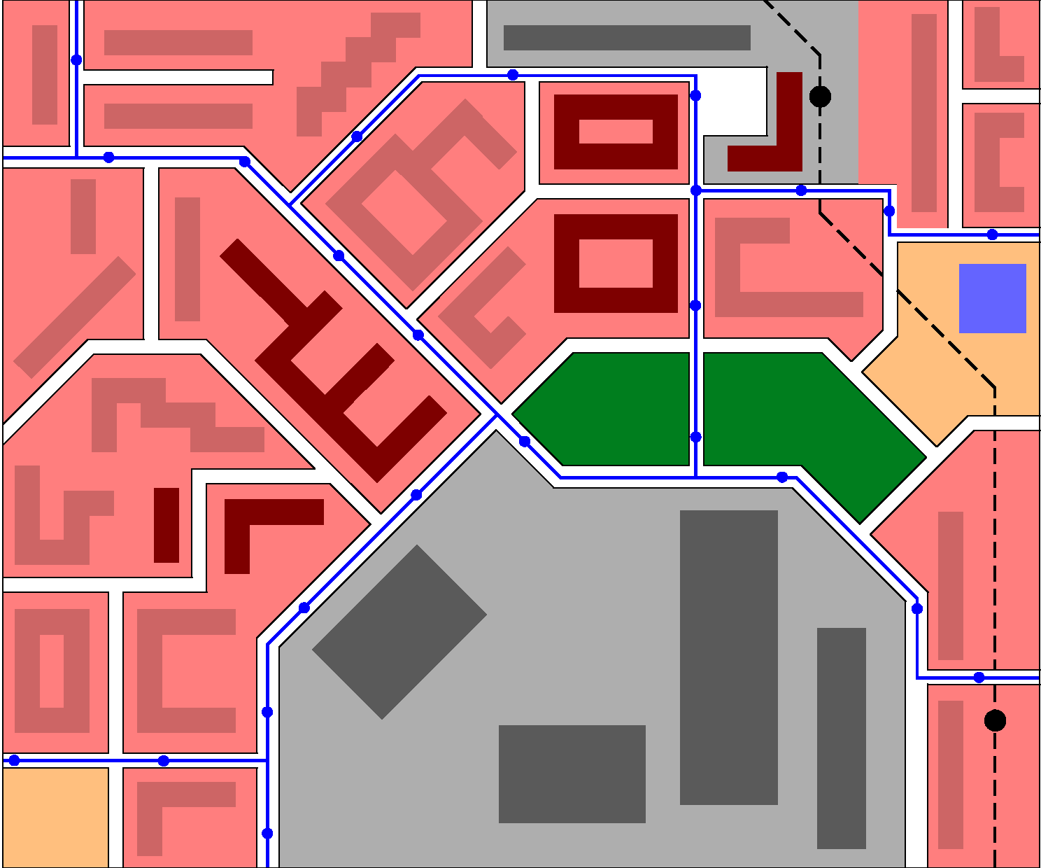 Obrázek 9 Výřez schematické mapy města (autor) veřejných budov však slouží primárně pro dopravu do těchto institucí, což je příklad bodové obslužnosti. 4.