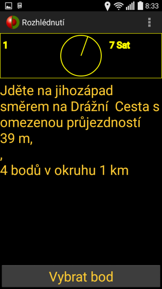 Obr.5: Doplňkové informace o GPS Obr.6: Itinerář trasy Kompas DotWalker také zpracovává údaje z kompasu a tak je při natočení přístroje možné nechat si ohlásit světové strany.