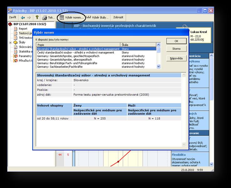 V programu HTS je možno vybírat normy (český standardizační soubor, německý standardizační soubor ).