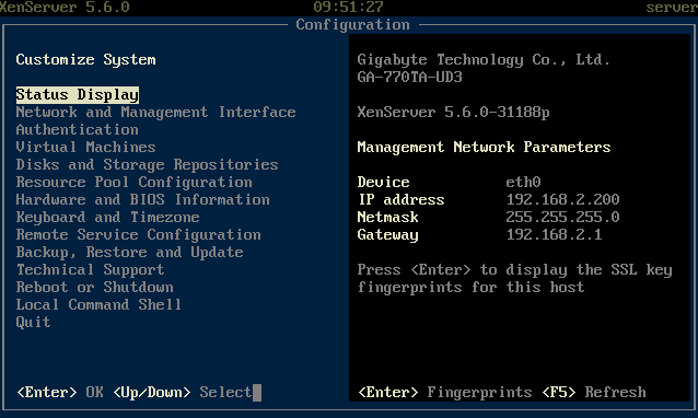 Obrázek 8: Úvodní obrazovka Citrix XenServer XenServer nabízí na fyzickém serveru grafické rozhraní pro základní konfiguraci síťového prostředí, připojení vzdálených uloţišť, dále umoţňuje zobrazit