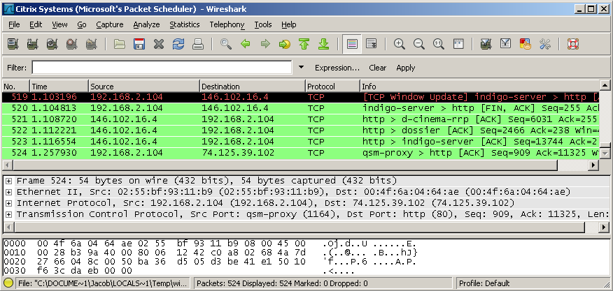 Obrázek 12: Wireshark, zachycené pakety při ICMP pingu Ze zachycených paketů lze vyčíst, ţe po úvodním poţadavku ze stanice s IP 192.168.2.105 na ping stanice 192.168.2.104, byl vyslán prostřednictvím protokolu ARP dotaz na MAC adresu stanice, jeţ zaslala ping poţadavek.
