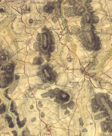 9. Historie využívání území Müllerova mapa z roku 1720. (zdroj: http://oldmpas.geolab.