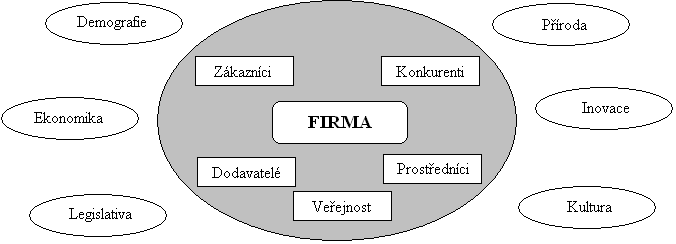 - mikroprostředí - makroprostředí Kotlerovo dělení vystihuje následující schéma, kdy mikroprostředí je vyjádřeno jako šedé pole a makroprostředí další faktory působící okolo něj.