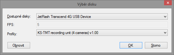 5.1.1 Stažení pomocí profilu Ze seznamu položky Profily: vybereme požadovaný profil a potvrdíme. Obr. 15 - Výběr připojení přes USB-SATA (použití profilu) 5.1.2 Manuální stažení Zadáme FPS záznamu, položku Profily: ponecháme na none a potvrdíme.