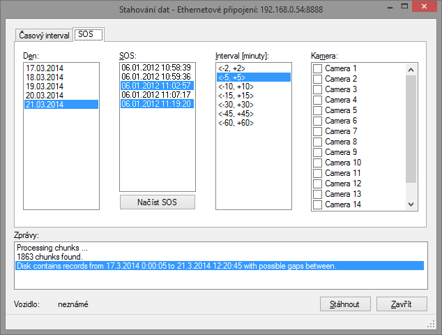 Obr. 22 - Načtené SOS události Zadáme parametry vyčítání: Den Jednu nebo více SOS událostí Interval