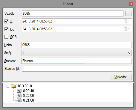 Stanice, Stanice Id, Časový údaj od do, SOS). Mezi jednotlivými položkami je logická spojka AND (vyhledávání při současném výskytu všech vyplněných položek).