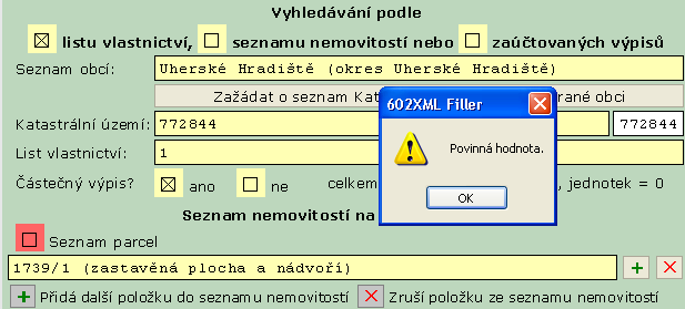 2) Chybové hlášky Pokud se stane, že v kterékoliv fázi vydání výpisu z KN se objeví rámeček s chybovou hláškou, je nutné si uvedenou zprávu pozorně přečíst a zjistit, zda rozpoznáte, kde může být