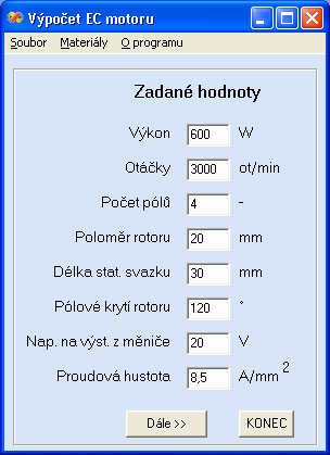 46 Obr. 7-1 První okno pro zadávání hodnot. V druhém kroku je třeba zadat údaje týkající se magnetického obvodu a jeho rozměrů.