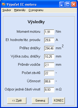 48 Obr. 7-3 Třetí okno pro zadávání hodnot. V posledním kroku se zobrazí nejdůležitější vypočtené hodnoty.