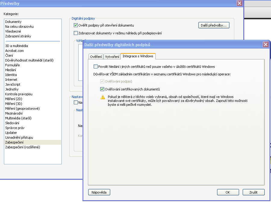 Obr. 8 Adobe Reader integrace kořenových certifikátů, zdroj: KrÚ JMK V prostředí programu 602XML Filler lze kontrolu certifikátu provést ze záložky Vlastnosti.