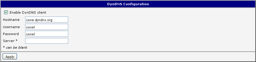 1.21 Konfigurace DynDNS klienta Konfiguraci DynDNS klienta lze vyvolat volbou položky DynDNS v menu. V okně lze definovat doménu třetího řádu registrovanou na serveru www.dyndns.org.