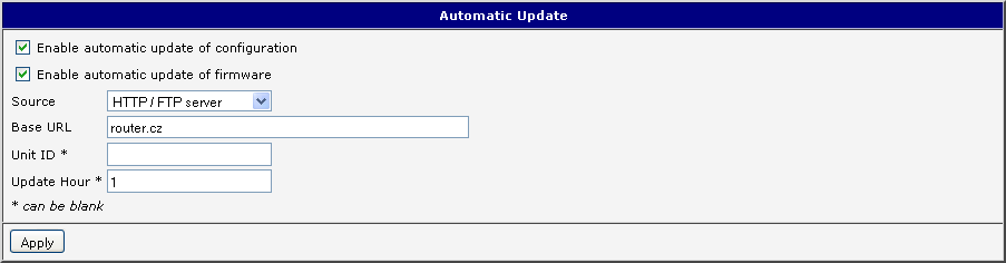 Následující příklady zjišt ují, jestli je k dispozici nový firmware nebo konfigurace a případně provádí aktualizaci každý den v 1:00 ráno. Příklad je uveden pro typ routeru ER75i v2.