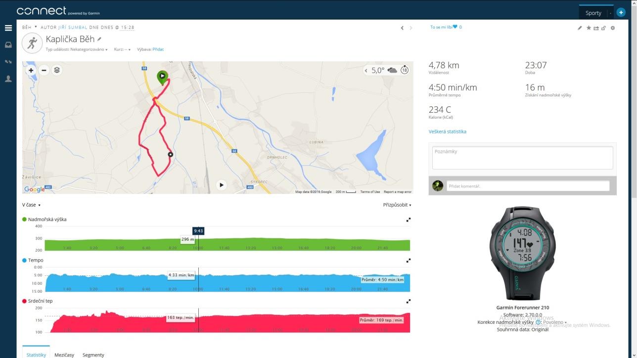Garmin Connect detaily aktivity 2.2 Web Runtastic.com Také do webové služby Runtastic.com je třeba se registrovat, opět je možné využít přihlašování např. přes facebookový účet.