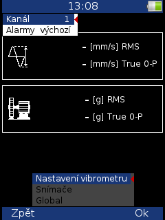 Vibrometr Umožňuje provést základní měření vibrační diagnostiky. Nastavení Stiskněte Menu a zvolte Nastavení vibrometru.