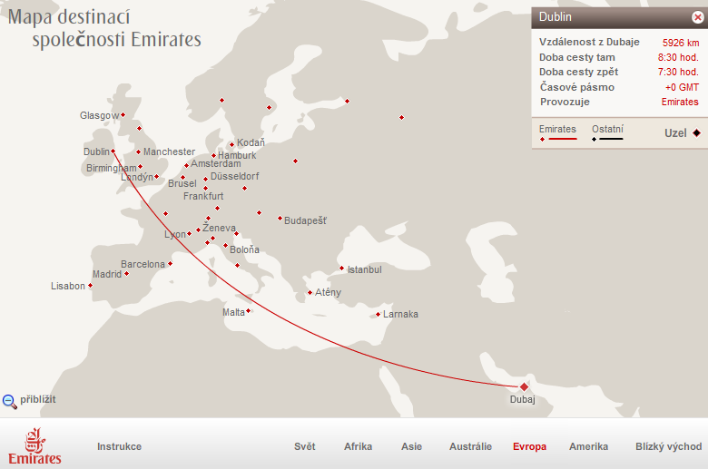 znázornit let z Dubaje do České republiky i přes to, že Emirates nabízí pravidelnou linku. Proto u puntíku, kde není zobrazen název města, se vám v rohu na mapě nezobrazí žádné informace.