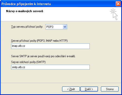3. V dalším okně průvodce vyplňte Vaši e-mailovou adresu (např. j_novak@fai.utb.cz). 4. Zvolte si typ protokolu, který chcete používat (viz strana 1, rozdíl mezi POP3 a IMAP).