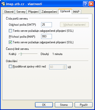 8. Přepněte na záložku Upřesnit 9. Dále označte možnost Tento server požaduje zabezpečené připojení (SSL). Pak zkontrolujte číslo portu, které má mít: -u POP3 hodnotu 995.