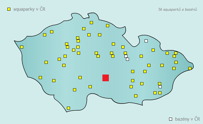 5.2 Animační služby v aquaparcích v České republice Obrázek 3: Rozmístění aquaparků v ČR (Aquapark Vodní ráj je vyznačen červeně) [12] Jelikož pojem aquapark není definován, je těžké přesně určit,