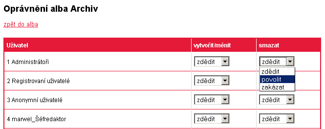 1.13 Oprávnění k editaci fotogalerie Fotogalerie umožňuje také vymezit práva skupin uživatelů k editaci jednotlivých alb. Při použití ikony ve tvaru visacího zámku (ikona 5 na obr.