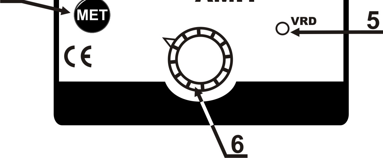 10. OVLÁDACÍ PRVKY ČELNÍ PANEL Obr.2 1. Metoda MMA s funkcí HOTSTART 5. Funkce V.R.D. 2. Metoda MMA s funkcí SOFTSTART 6. Potenciometr pro nastavení hodnot 3. Metoda TIG 7.