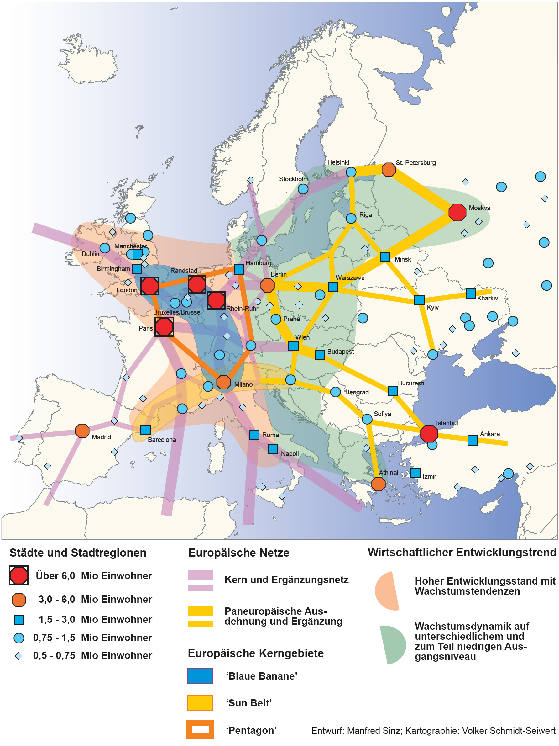 Nová geografie Evropy v logice sítí a uzlů: síť metropolitních území, evropský Pentagon, modrý banán, východní rozšíření EU, ale i