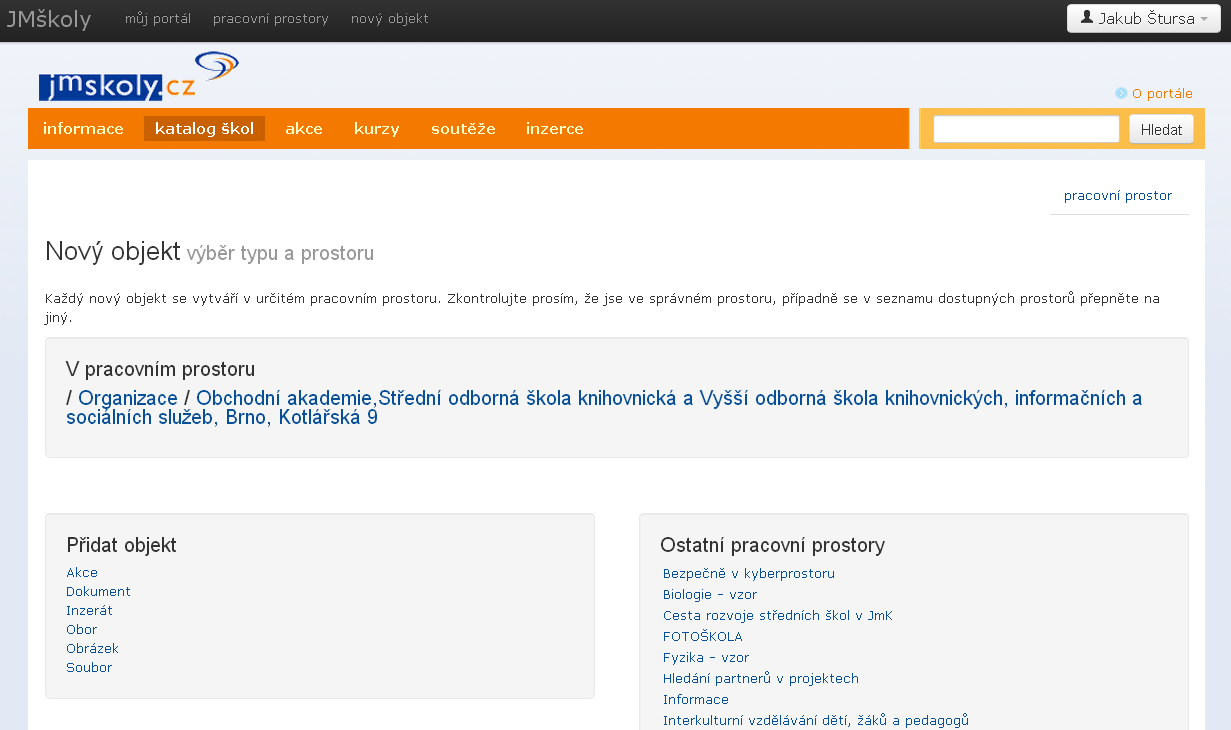 3. Vytváření dokumentu Výběr pracovního prostoru Po přihlášení si vyberte z černé navigační lišty pracovní prostor Základní obrazovka pracovní prostor identifikace přihlášeného Pro vytváření obsahu