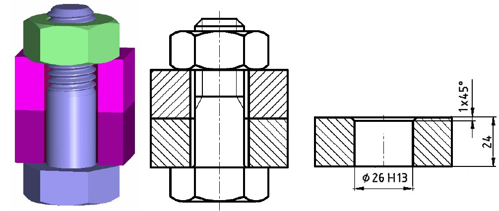 Spoj s volně procházejícím šroubem Vpravo je část výrobního výkresu spojované desky s dírou pro šroub podle ČSN EN 20273 (021050).