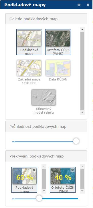 2:3 :: Podkladové mapy V nástroji Podkladové mapy je možné ovládat podkladové mapy, které se vykreslují v mapě (ne jako operační vrstvy).